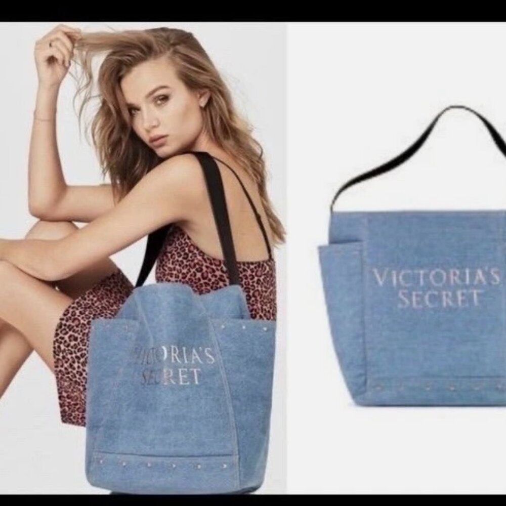 🆕 Victoria's Secret Denim Blue Weekender Studded Shoulder Tote Bag LIMITED 5201 - Picture 4 of 7